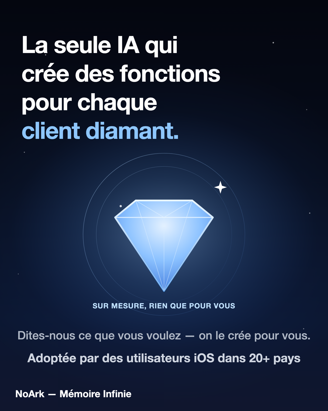 La seule IA qui crée des fonctions pour chaque client diamant — sur mesure, rien que pour vous. Dites-nous ce que vous voulez, on le crée pour vous.