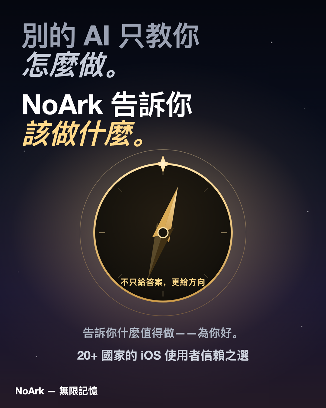 別的 AI 只教你怎麼做。NoArk 告訴你該做什麼——不只給答案，更給方向。告訴你什麼值得做，為你好。