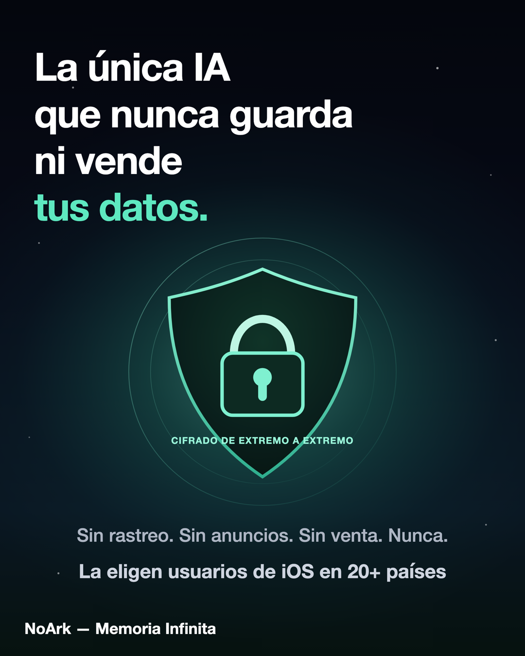 La única IA que nunca guarda ni vende tus datos. Cifrado de extremo a extremo. Sin rastreo, sin anuncios, sin venta. Nunca.